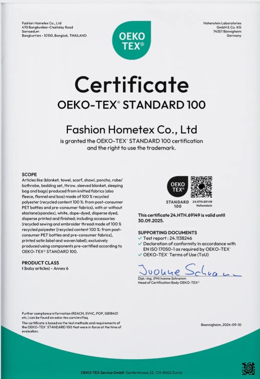 Tissu certifié OEKO-TEX® Standard 100, sans substance nocive