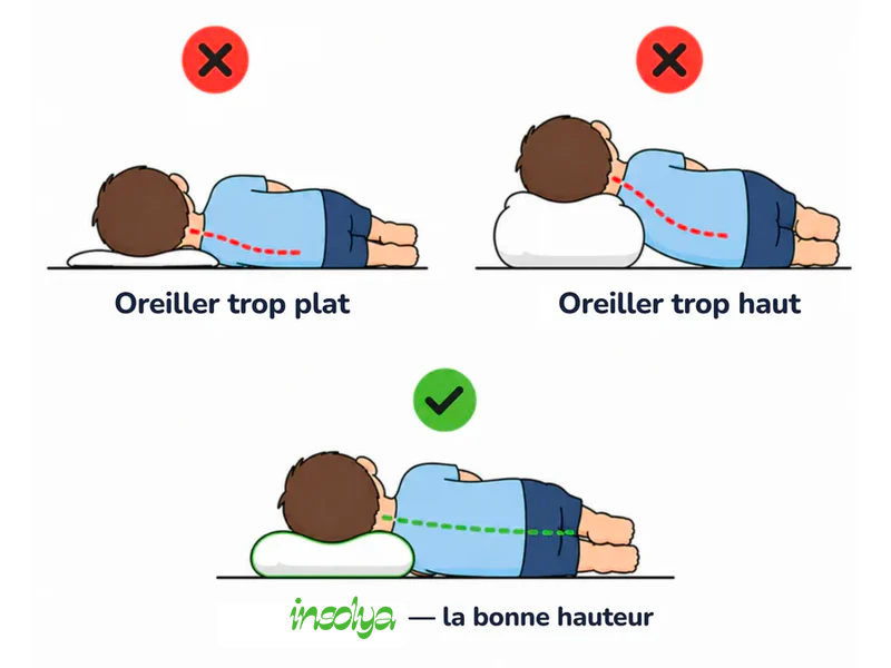 Comparatif : oreiller trop plat, trop haut, ou la bonne hauteur