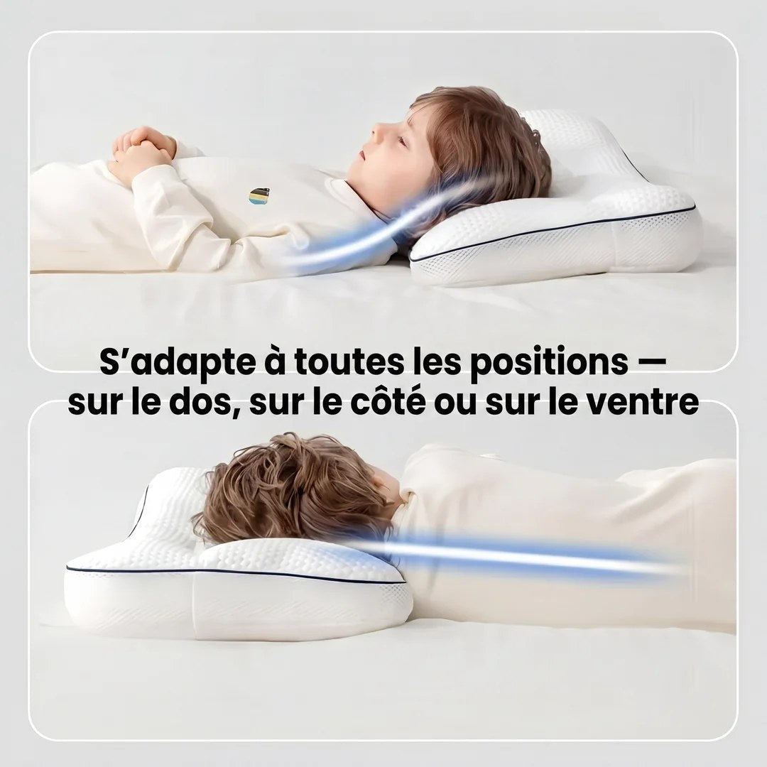 L’oreiller s’adapte sur le dos, sur le côté et sur le ventre